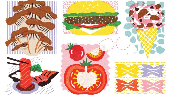 Mushroom, sandwich, sushi, ice cream, pasta, tomato and other illustrated foods with important texture