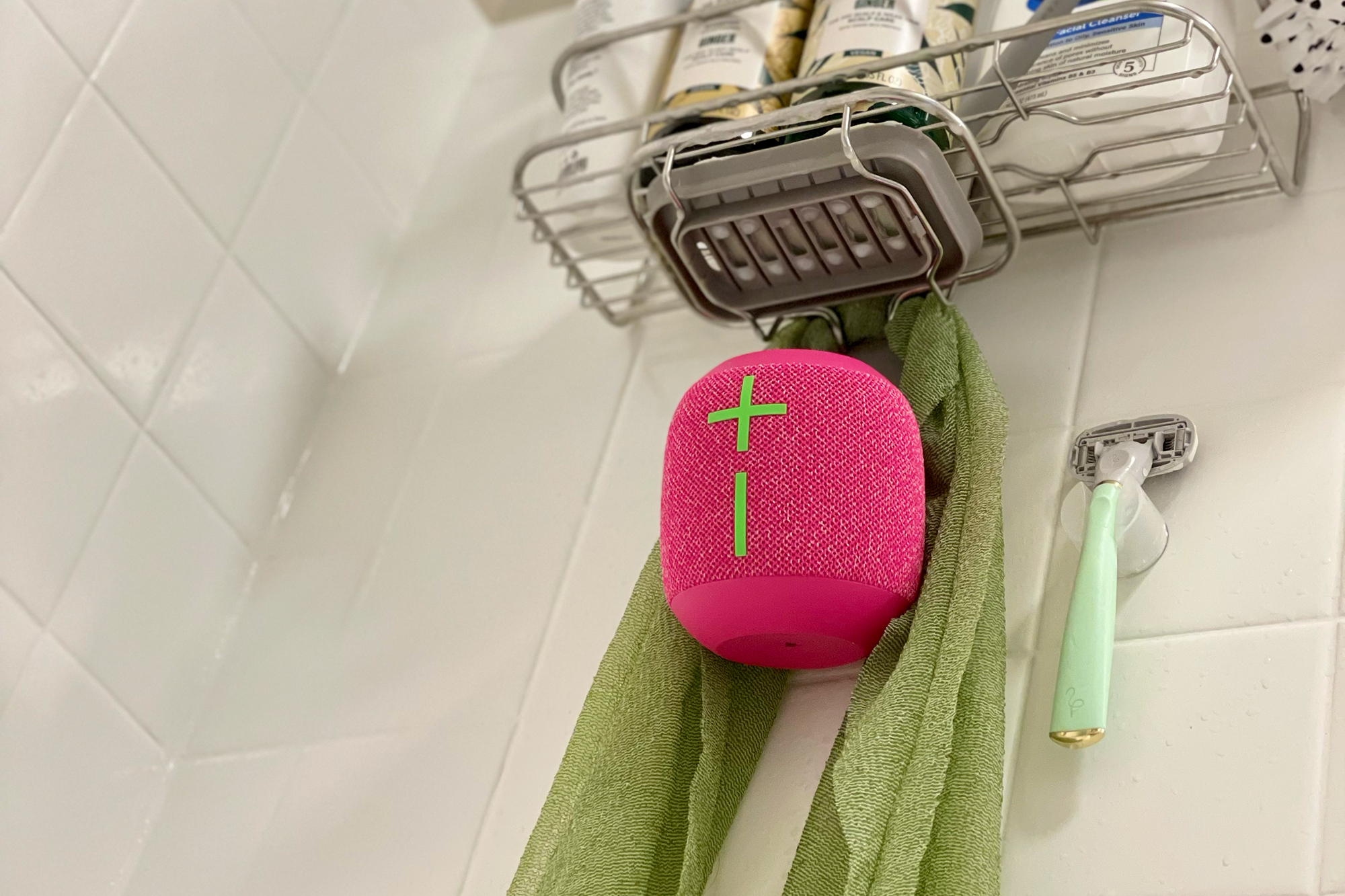 Hyper Pink UE Wonderboom 3 hanging in shower