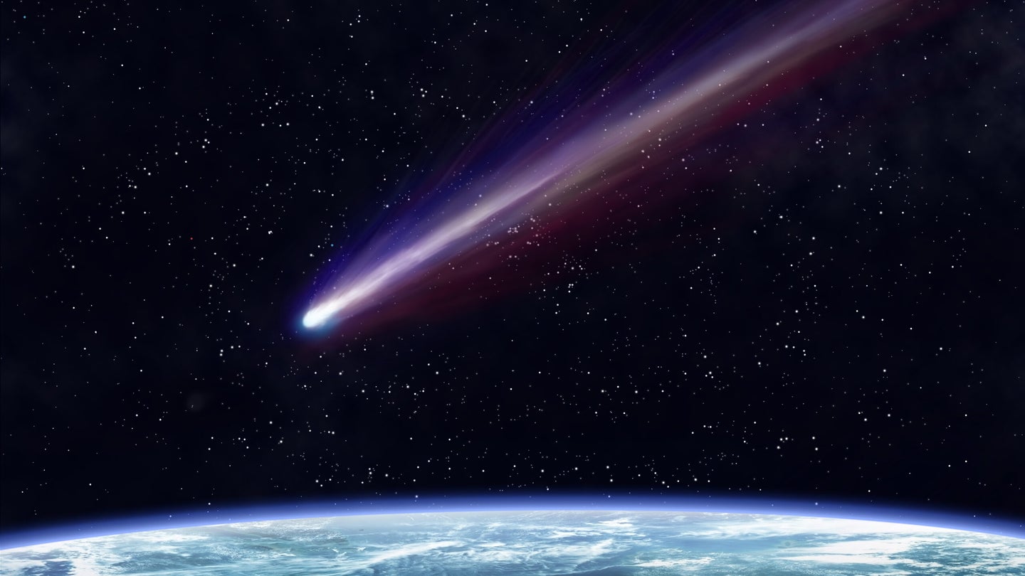a graphic rendering of a purple streaking asteroid in space over the earth