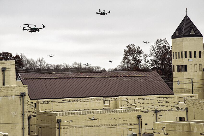 drones over buildings