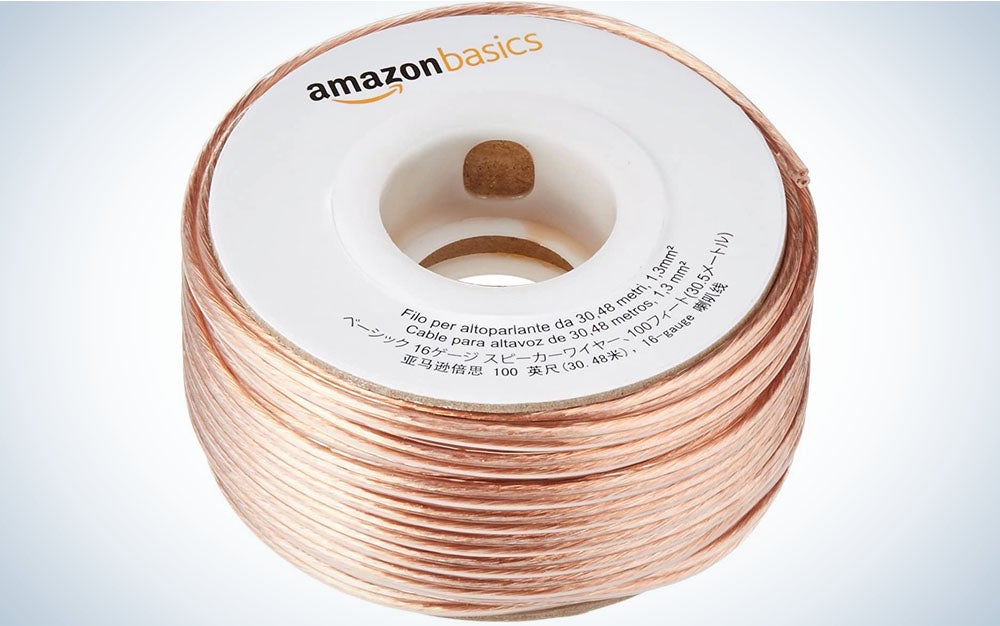 Amazon Basics speaker wire on a white background.