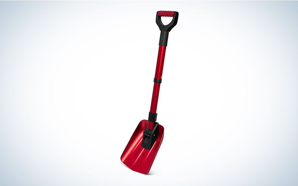 A red 34-inch folding emergency snow shovel for cars on a blue and white background