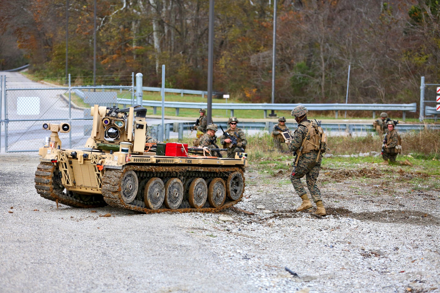 An American robotic vehicle seen in 2018 in Indiana. It's an Expeditionary Modular Autonomous Vehicle, or EMAV.