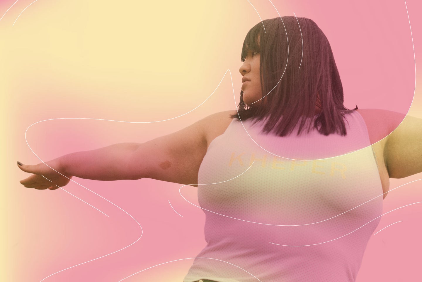 a woman in a white tank top does a yoga post on a pink and yellow background