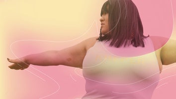 a woman in a white tank top does a yoga post on a pink and yellow background