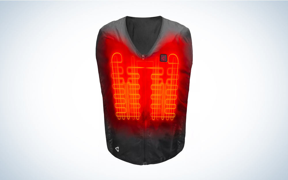A Gerbing heated vest for motorcyclists on a blue and white background