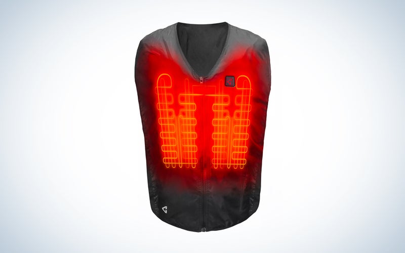 A Gerbing heated vest for motorcyclists on a blue and white background