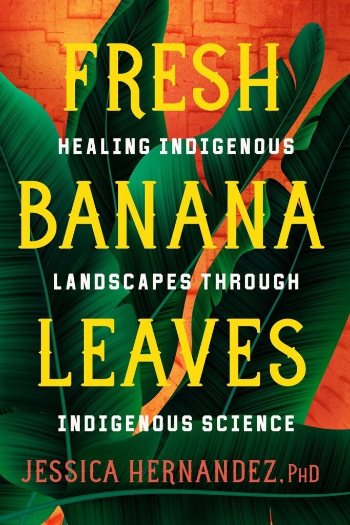 Fresh Banana Leaves book cover with orange background with green leaves and yellow, white, and orange text