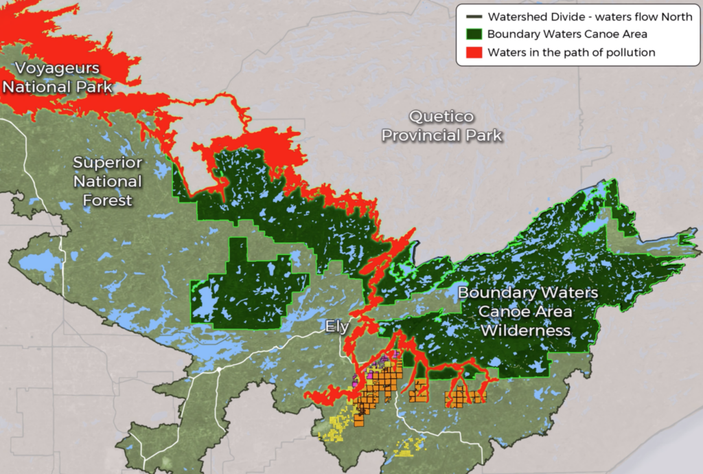 Boundary Waters Wilderness in Minnesota en Canada met mijnbouwleases van Twin Metals rood gemarkeerd