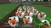 A bunch of Minecraft chickens gathered around a player who is holding seeds.