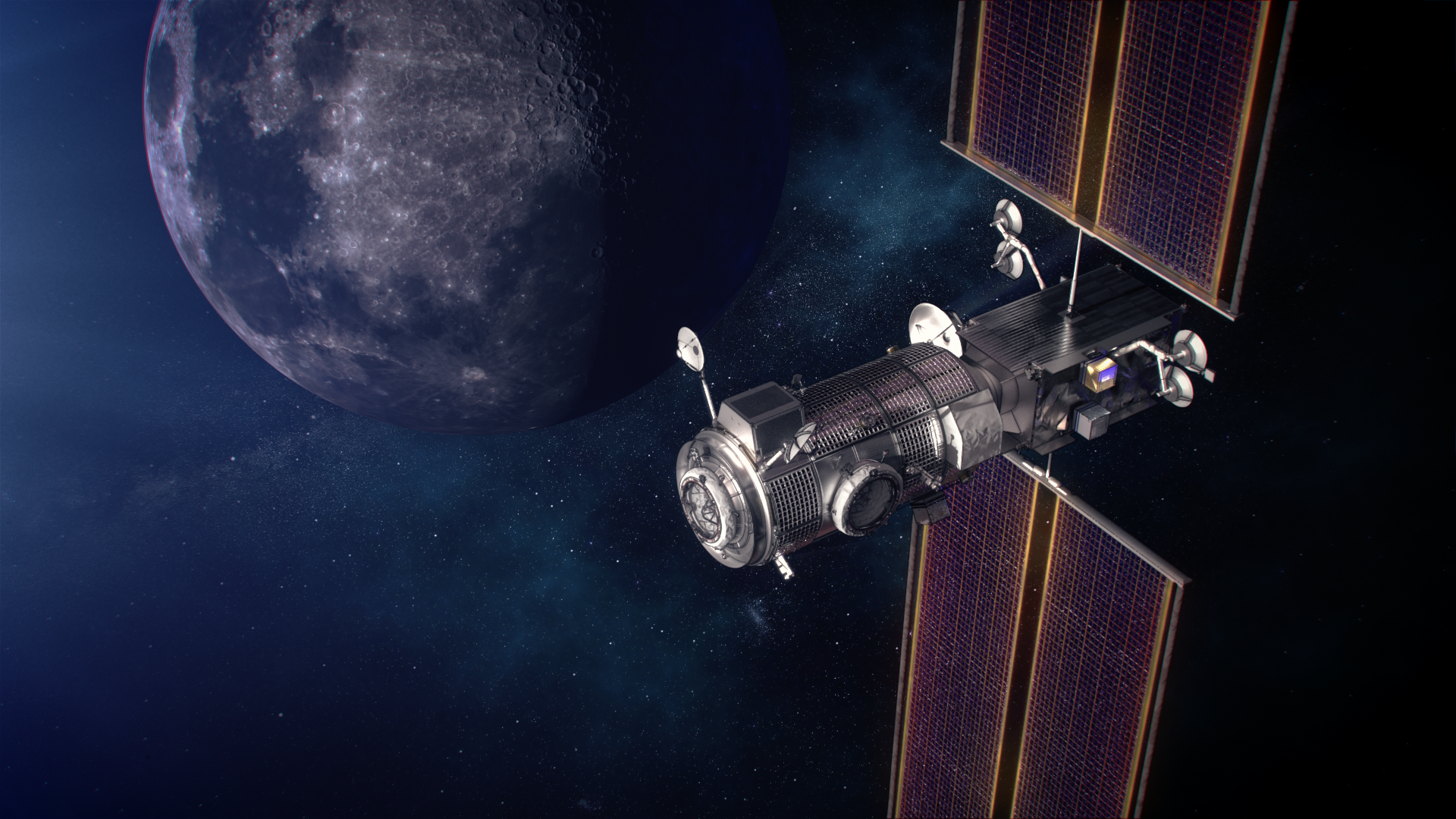 een satelliet met zonnepanelen en wetenschappelijke instrumenten draait in een baan in de ruimte met de maan op de achtergrond
