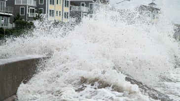 a violent wave crashes over a row of homes