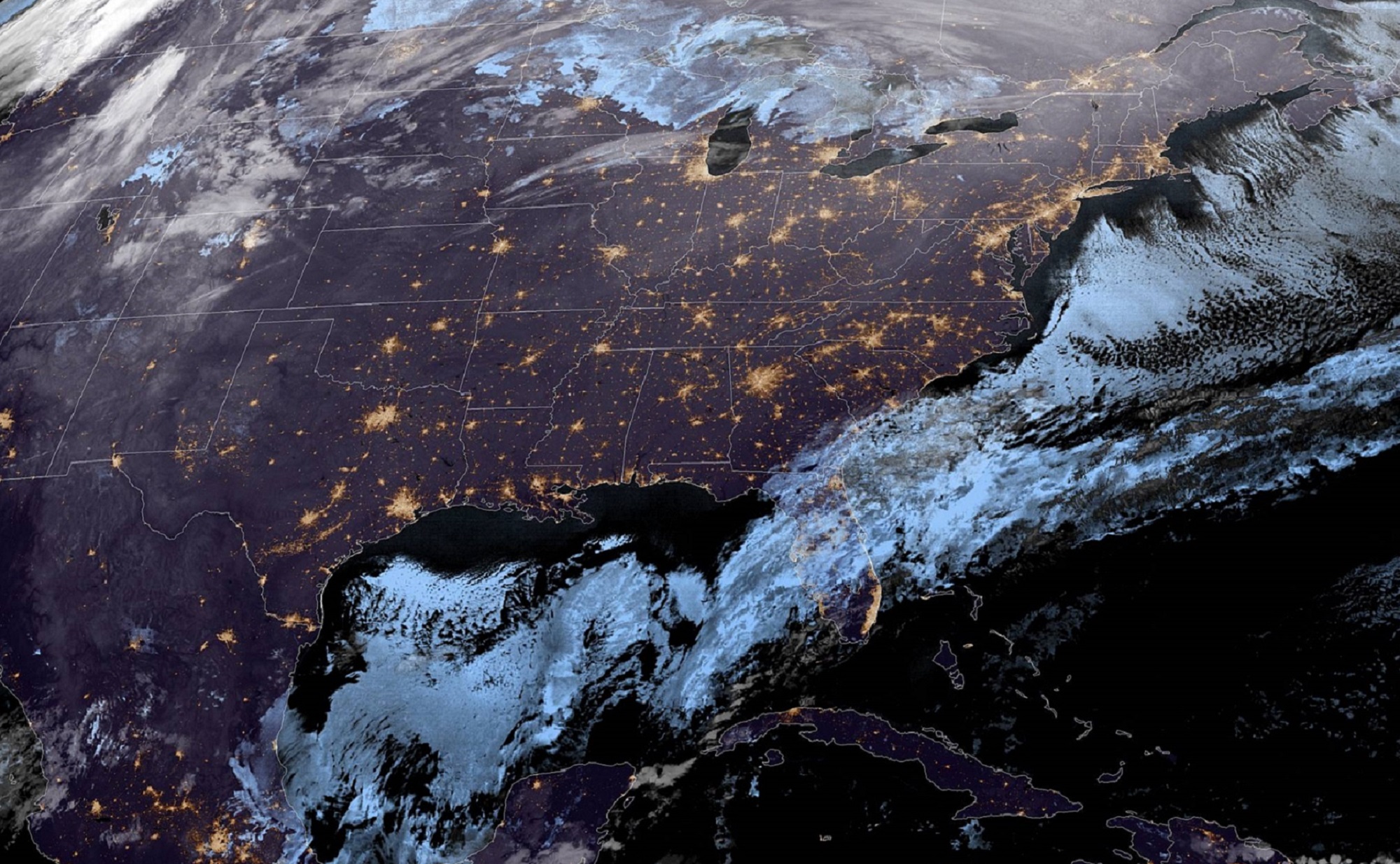 Winter Storm Landon moving off the Gulf Coast on the night of February 3 on a weather radar satellite image