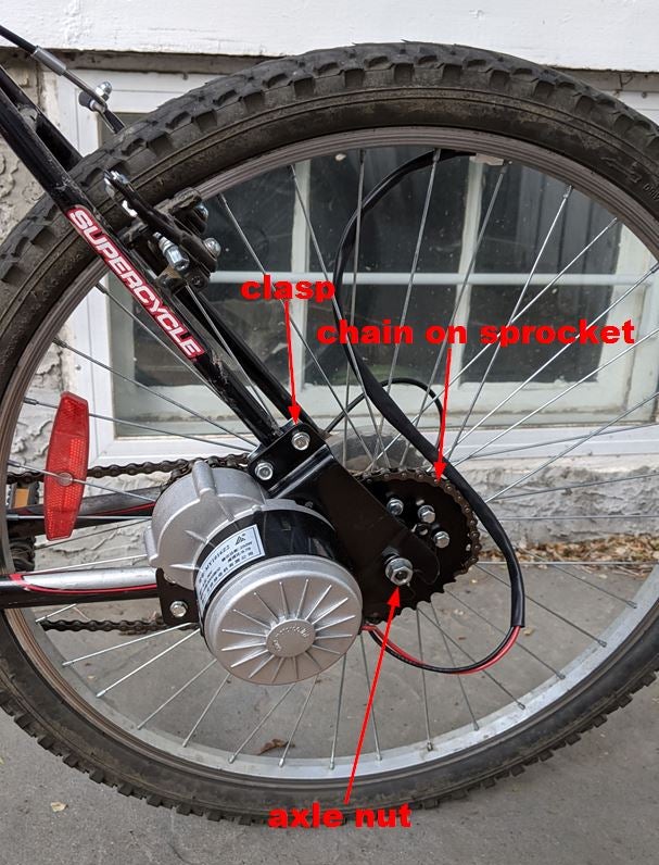 An electric motor mounted on the rear wheel of a bicycle, turning a regular bike into an e-bike.