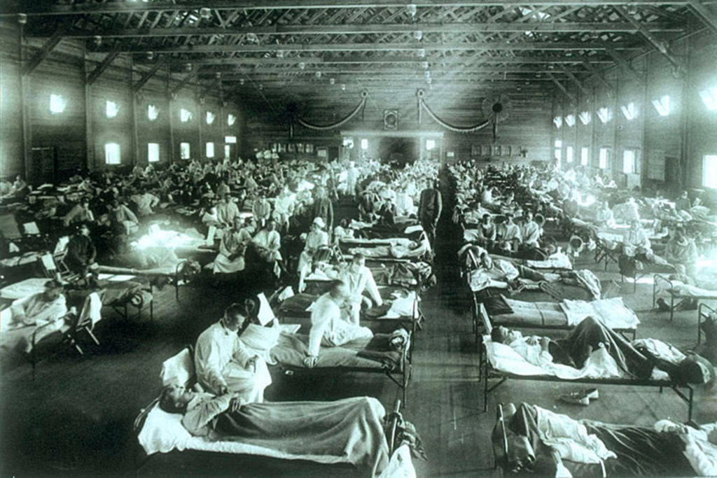 The Spanish Flu influenza pandemic in 1918 filled hospitals, seen in a black and white archival image