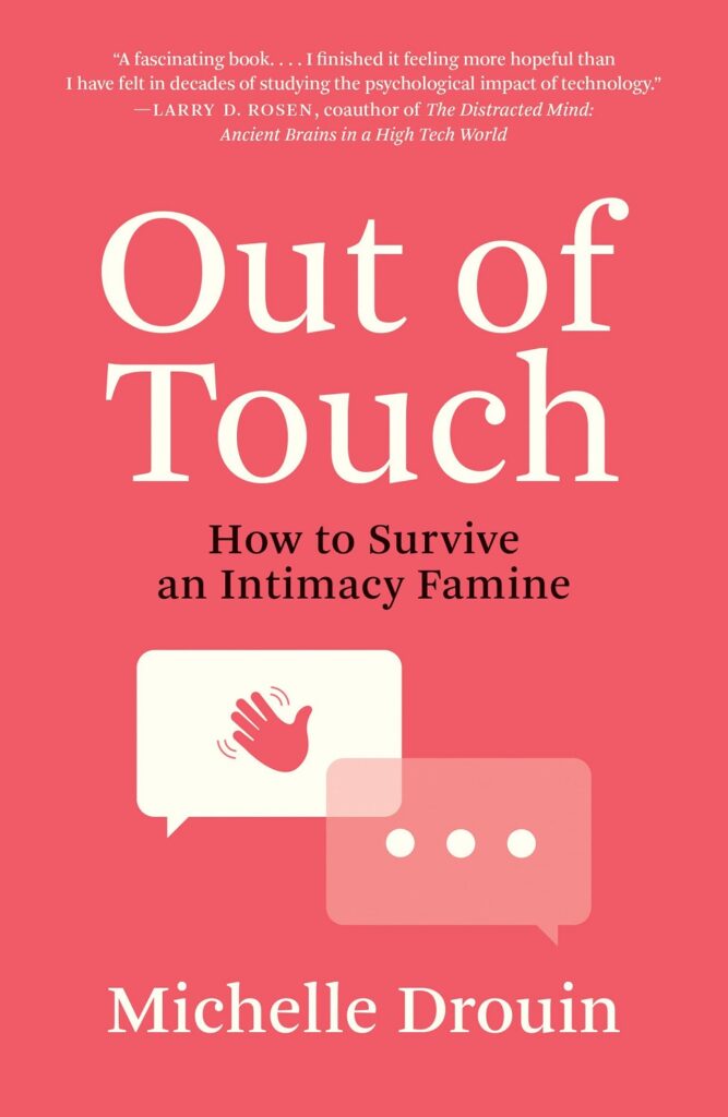 Out of Touch book cover with two text message bubbles on a red background