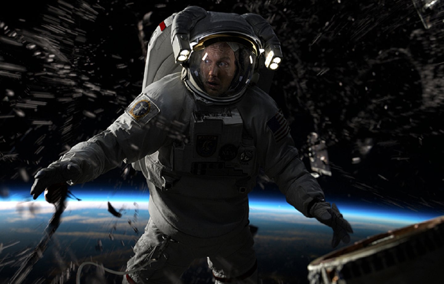 Patrick Wilson in an astronaut suit looking panicked in a Moonfall movie screenshot