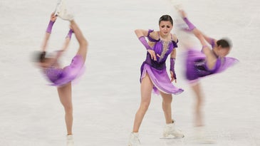 Russian figure skater Kamila Valieva wearing a purple costume, shown in three different poses on the ice during a program at the 2022 Beijing Winter Olympics