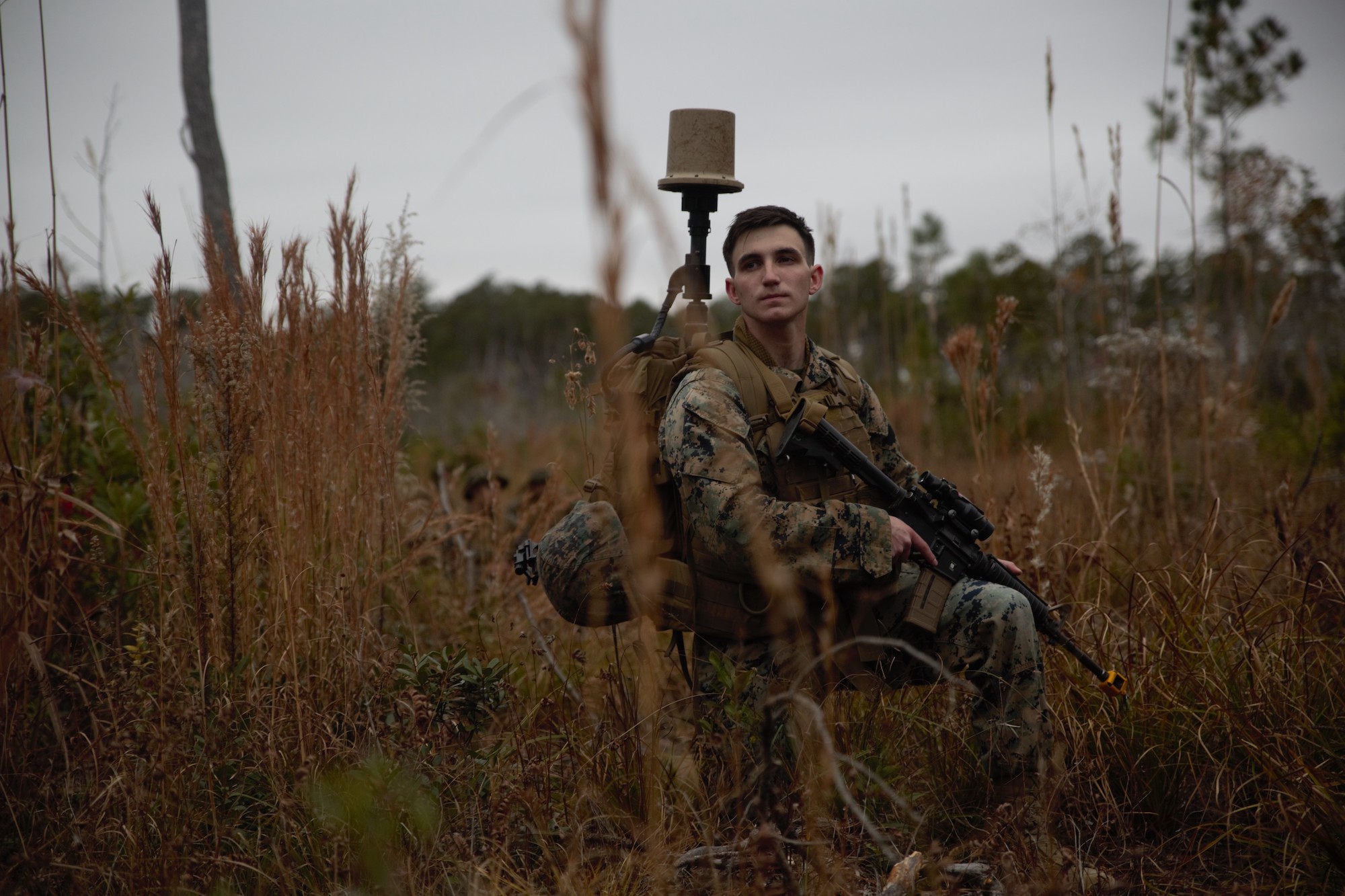 A US Marine with a Communication Emitter Sensing and Attack System (CESAS) II Manpack in Dec., 2021, in North Carolina.
