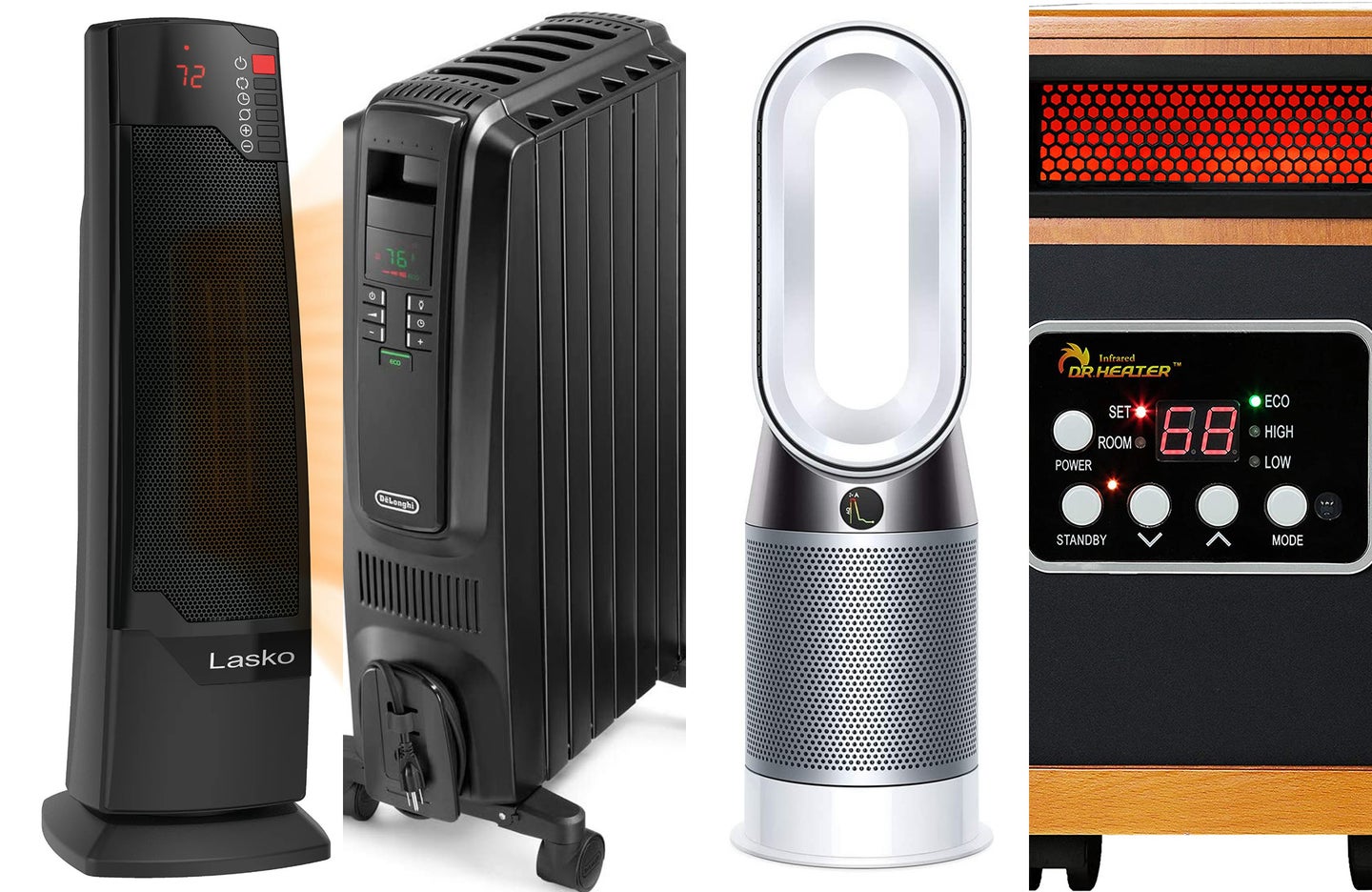A lineup of the best space heaters on a white background