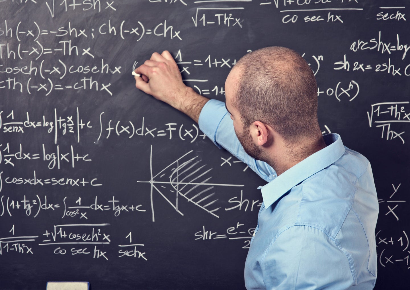 Man in blue shirt writing math onto a black chalk board.