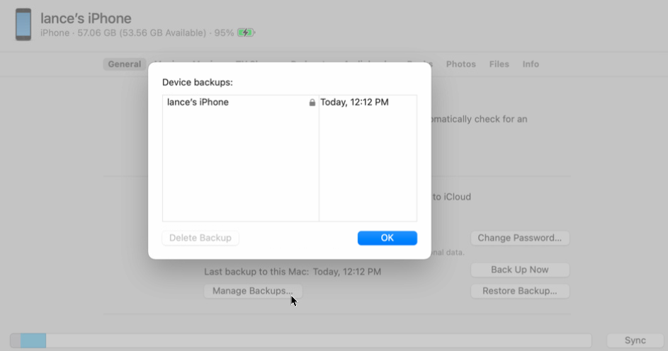 Screenshot of device backups