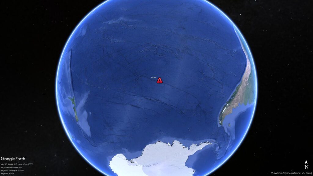 Google Earth view of Point Nemo, halfway between New Zealand and the US West Coast in the Pacific Ocean