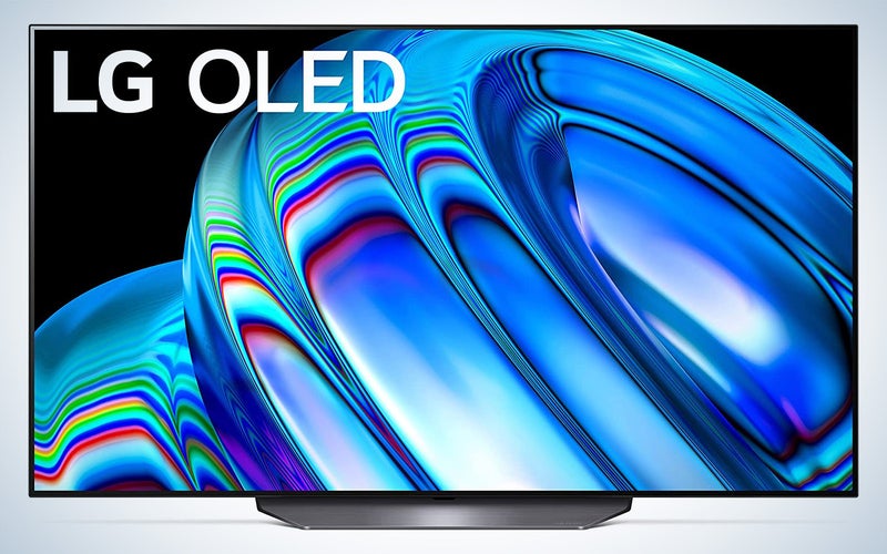 LG B2 budget OLED TV with a blue swirly graphic on the screen