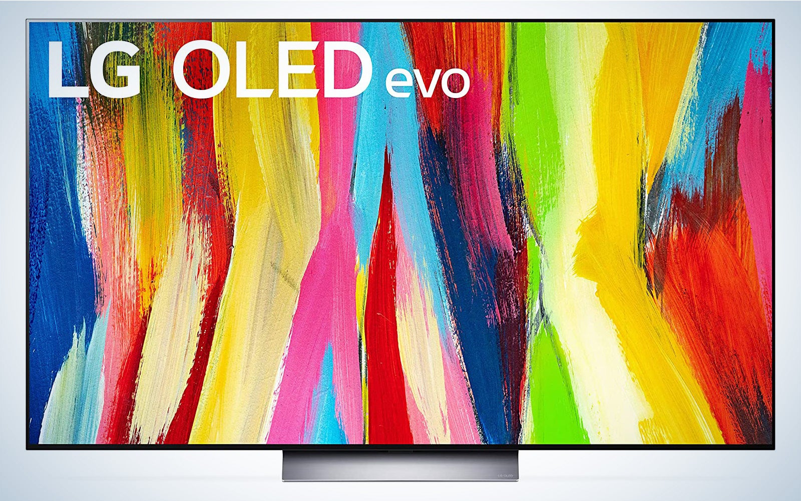 LG C2 OLED TV with a colorful graphic on the screen
