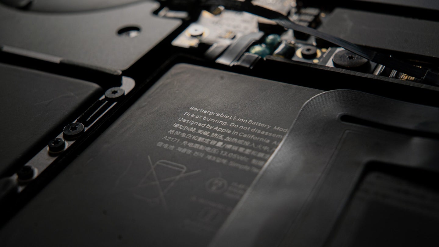 An Apple MacBook's lithium-ion battery.
