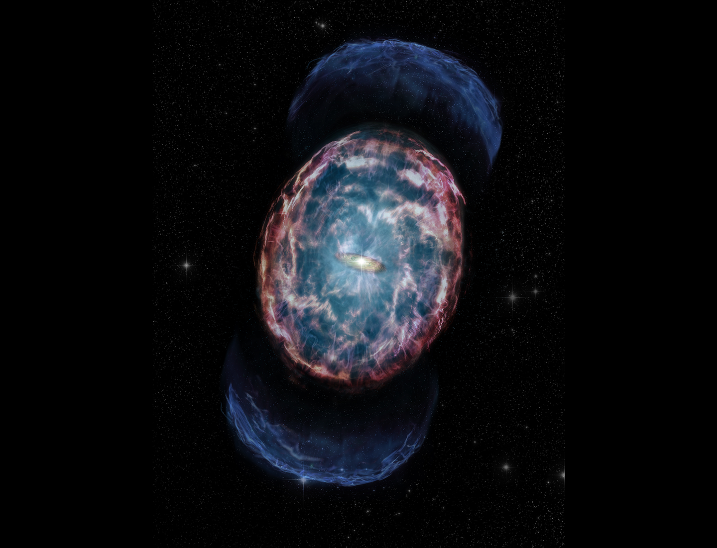 a kilonova, a cosmic event between two neutron stars showing the collision in the middle and purple blue emissions coming off of it
