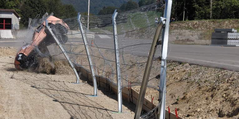 Watch this race track fence undergo a Formula One crash test
