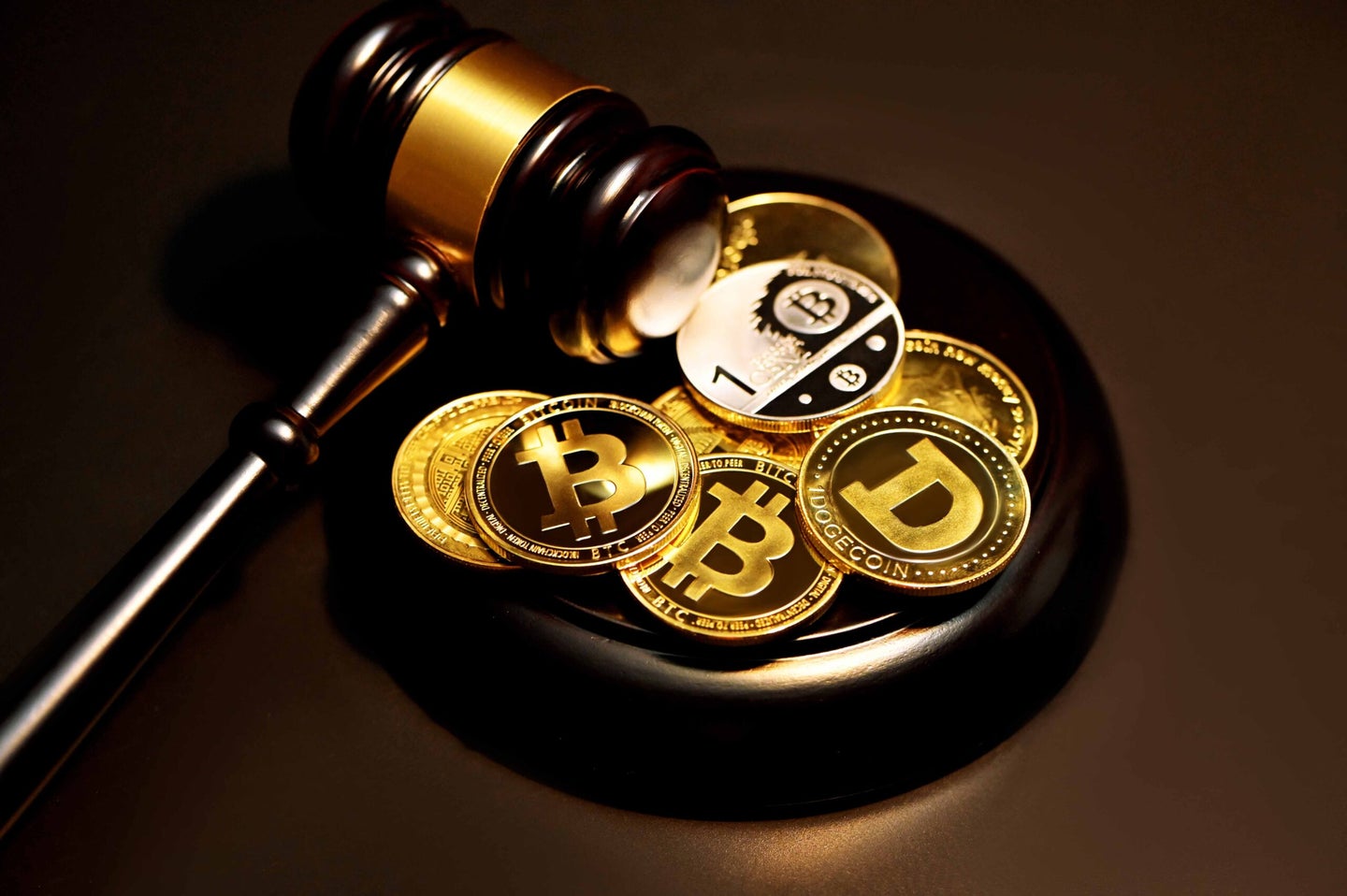 cryptocurrency coins and gavel