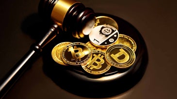 cryptocurrency coins and gavel