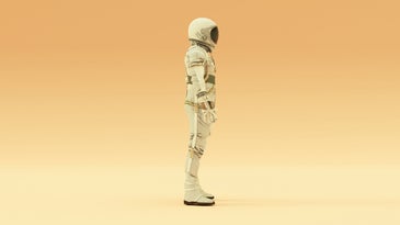 Form-fitting spacesuit in white on a dusty orange background