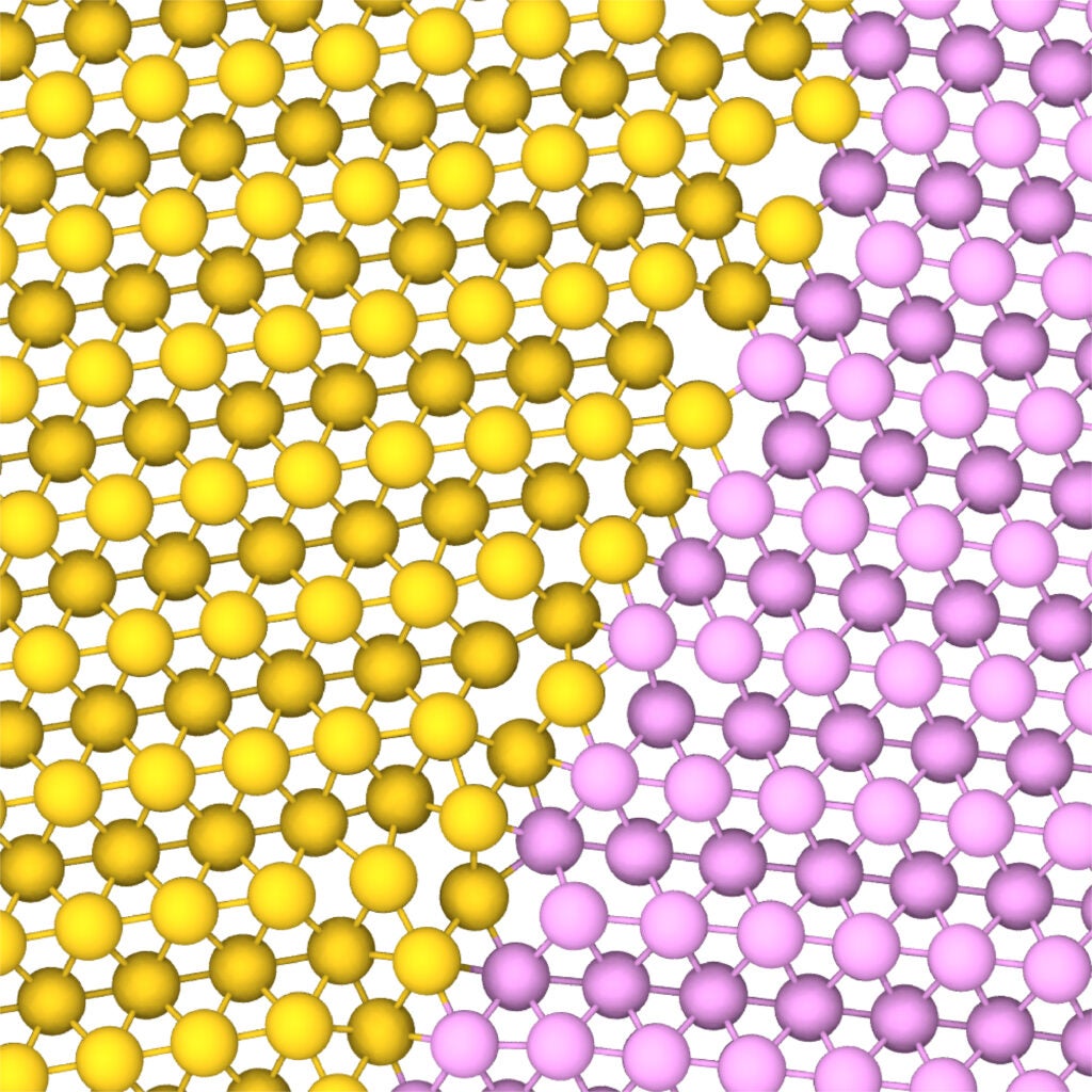 Yellow and pink atoms on a grain boundary from a platinum scan