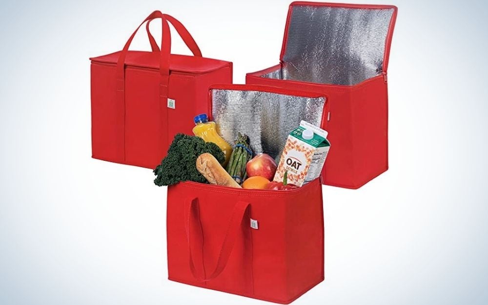 SET OF 2 Insulated Reusable Grocery Bag Shopping Tote w/ Zipper Top Lid 
