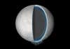 Saturn moon Enceladus cut open to reveal a liquid ocean under its icy surface in a diagram