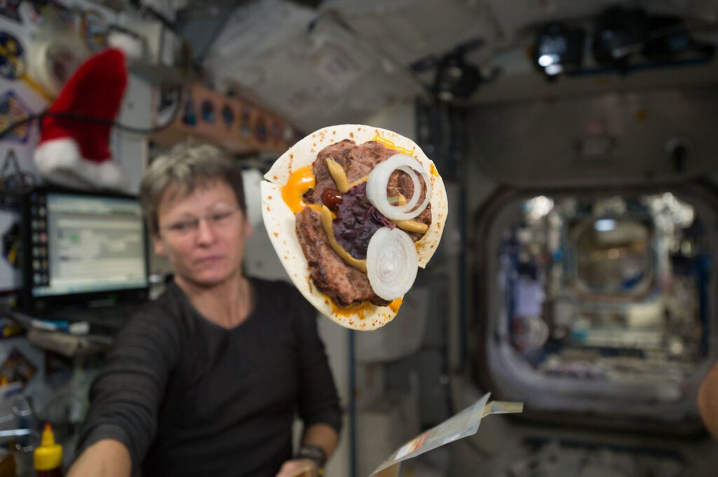 a tortilla with onions, cheese, and beef patty float in the space station