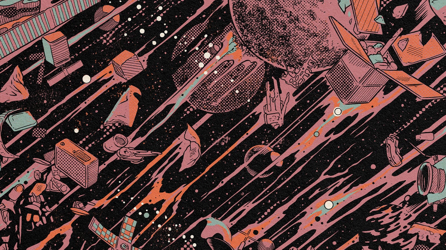 Garbage in space illustrated in blacks and reds