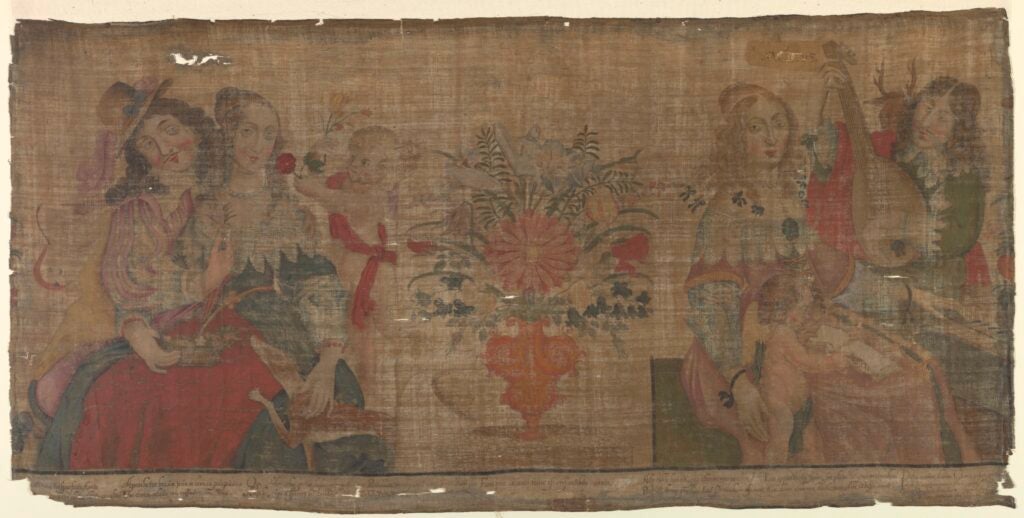 Two couples and a cherub sit around a floral bouquet in a faded painting.
