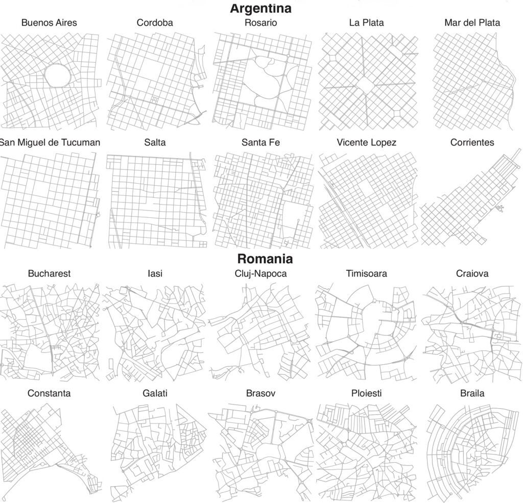 Street layouts from 10 Argentinian cities versus 10 Romanian cities