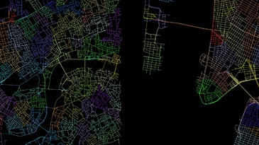 New York city street grid vs. London street grid in thin colorful lines on black