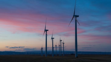 a wind farm at dusk