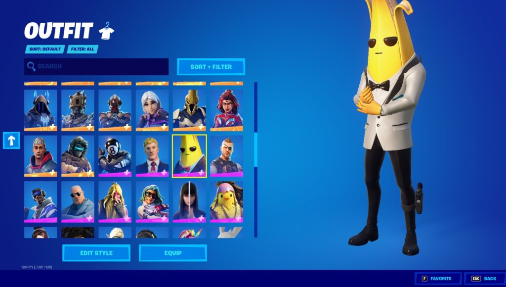 The Fortnite skin selection screen, showing Peely the Banana.