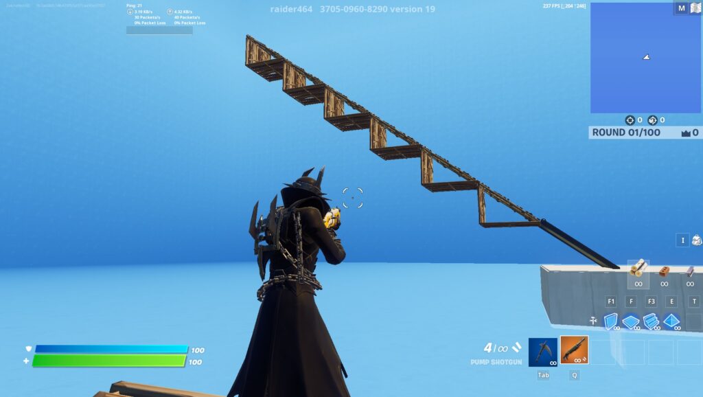 A Fortnite player standing in a freebuilding map and looking at a triple ramp made out of wood.