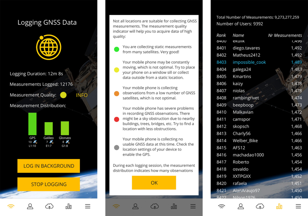 three screenshots of a phone app. from left to right, three green bars shows different satellites that you got information from and shows the measurements logged, quality and time you logged for. below are buttons to start a new session or stop logging. the next screenshot are various tips for getting high quality data collection. the last screenshot is of a competition board