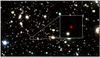 Zoomed-in telescope image of distant galaxies and stars with a red one labeled as HD1
