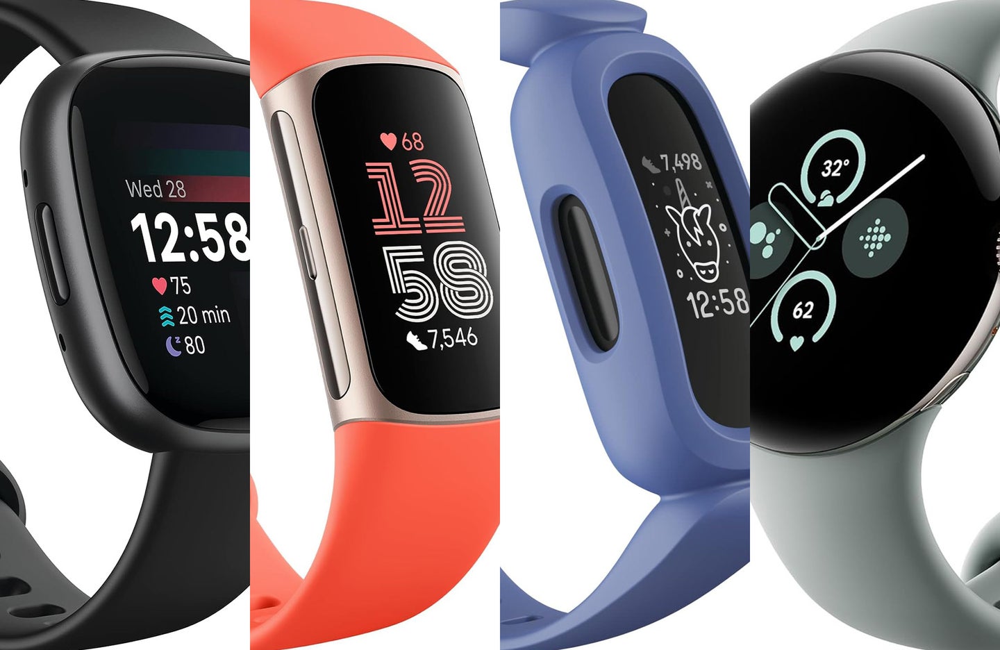 four of the best Fitbits sliced together against a white background