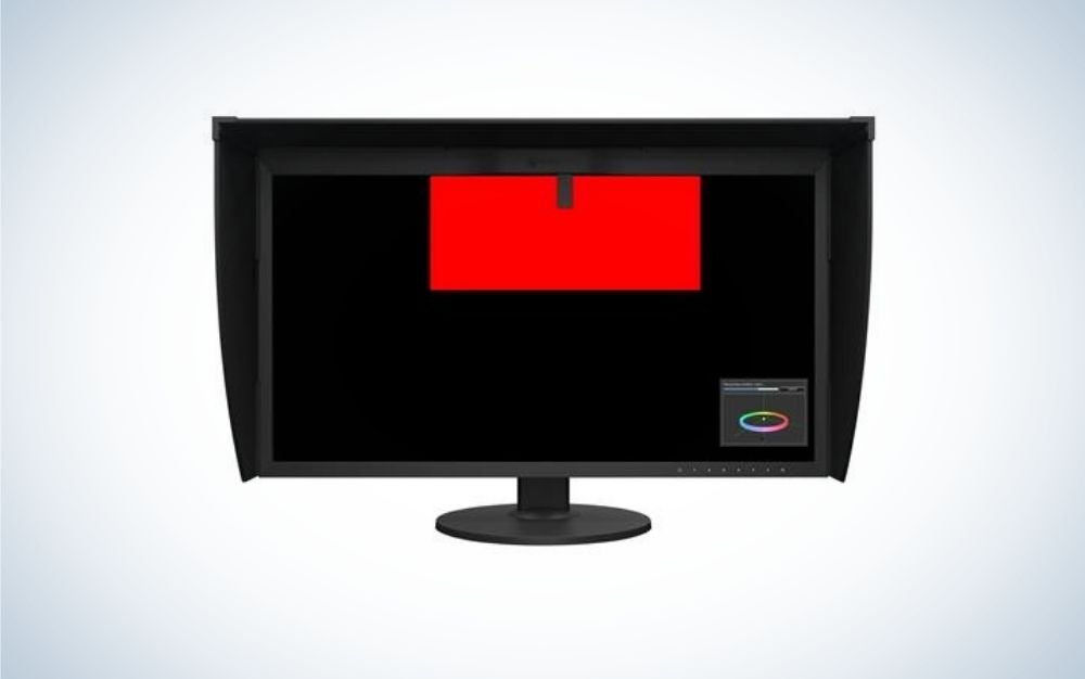 Eizo's ColorEdge monitor with the hood attached and the color management tool observing a red box on the screen.